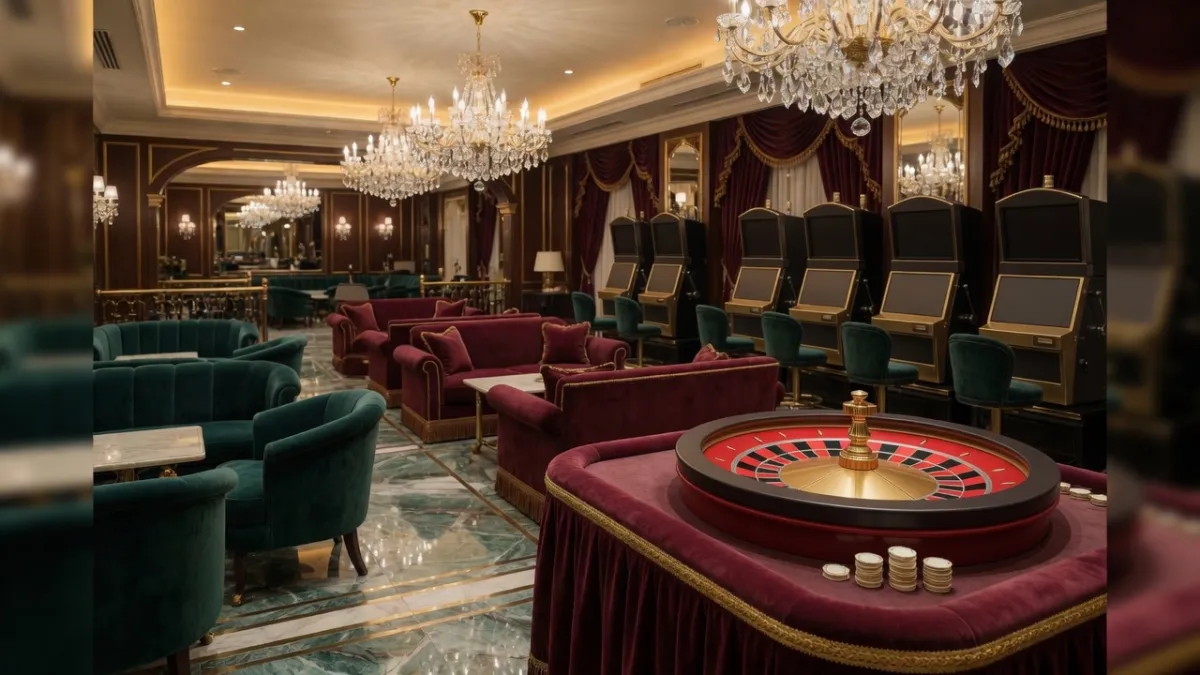 Luxe casinosalon met roulette, kroonluchters en fluwelen zitjes