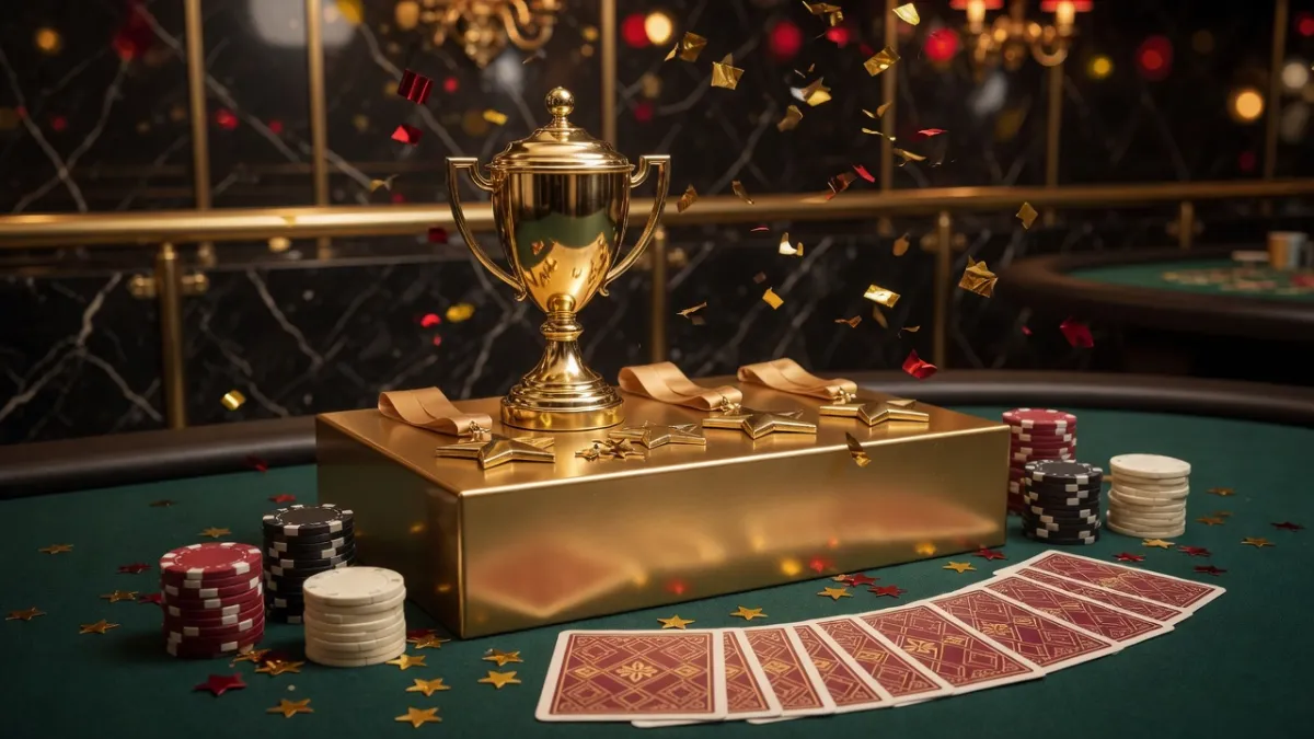 Gouden trofee met rood lint en casinofiches op een speeltafel